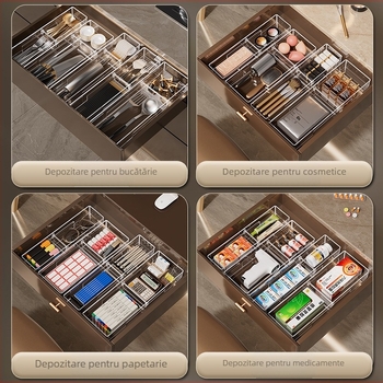 Cutie de depozitare pentru sertare, cu divizor detașabil; PET transparent; stil simplu și modern; montaj pe podea; personalizabil