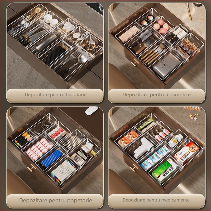 Cutie de depozitare pentru sertare, cu divizor detașabil; PET transparent; stil simplu și modern; montaj pe podea; personalizabil