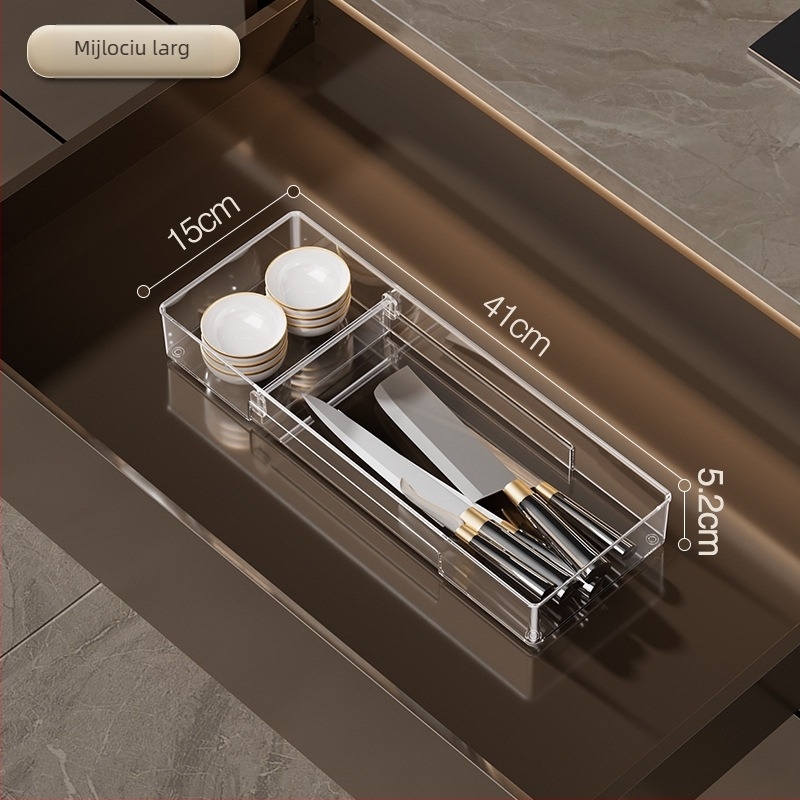 Cutie de depozitare pentru sertare, cu divizor detașabil; PET transparent; stil simplu și modern; montaj pe podea; personalizabil