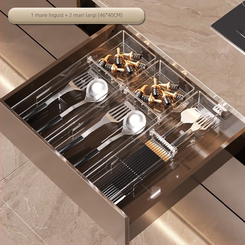 Cutie de depozitare pentru sertare, cu divizor detașabil; PET transparent; stil simplu și modern; montaj pe podea; personalizabil