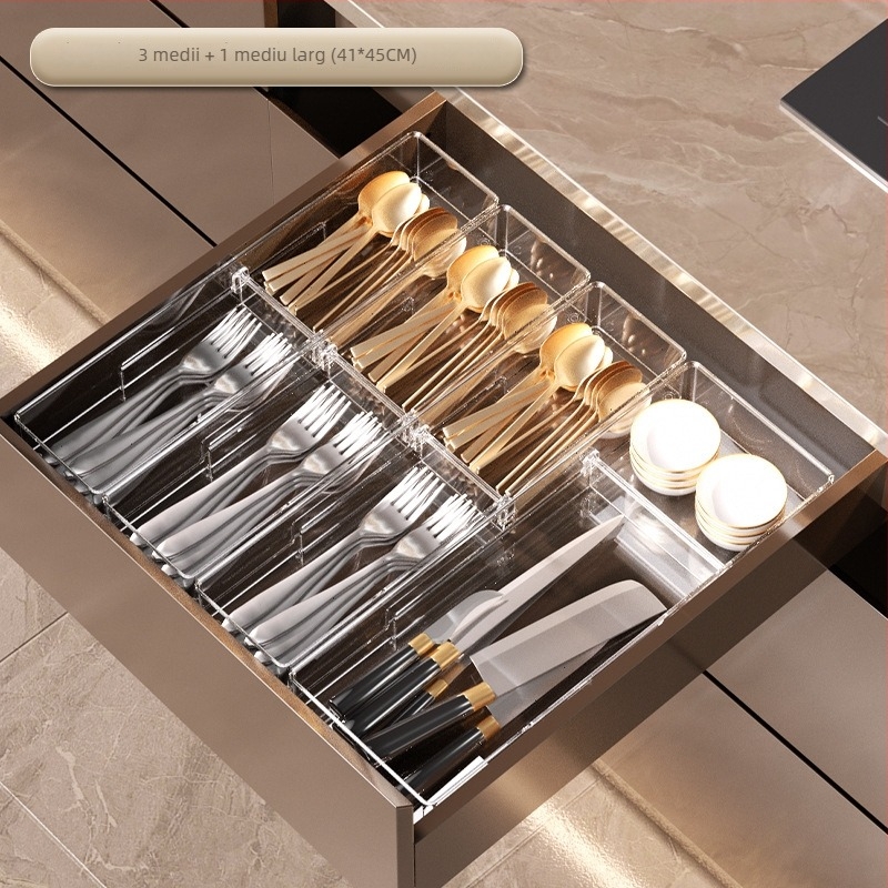 Cutie de depozitare pentru sertare, cu divizor detașabil; PET transparent; stil simplu și modern; montaj pe podea; personalizabil