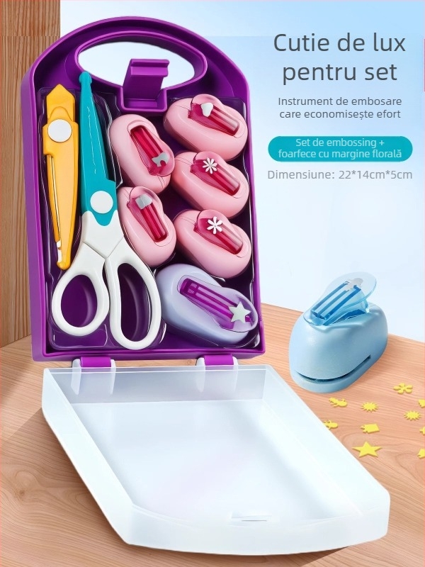 Set DIY embossing pentru copii – dispozitiv de embossing cu economie de efort, kit de imprimare, include foarfece mari de dantelă; Material: plastic; Vârstă recomandată: 7–14 ani