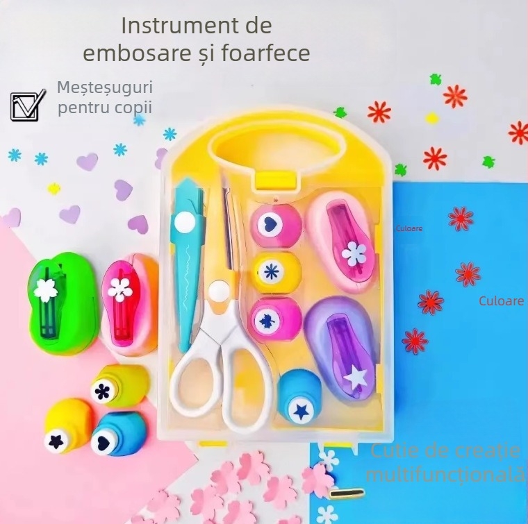 Set DIY embossing pentru copii – dispozitiv de embossing cu economie de efort, kit de imprimare, include foarfece mari de dantelă; Material: plastic; Vârstă recomandată: 7–14 ani