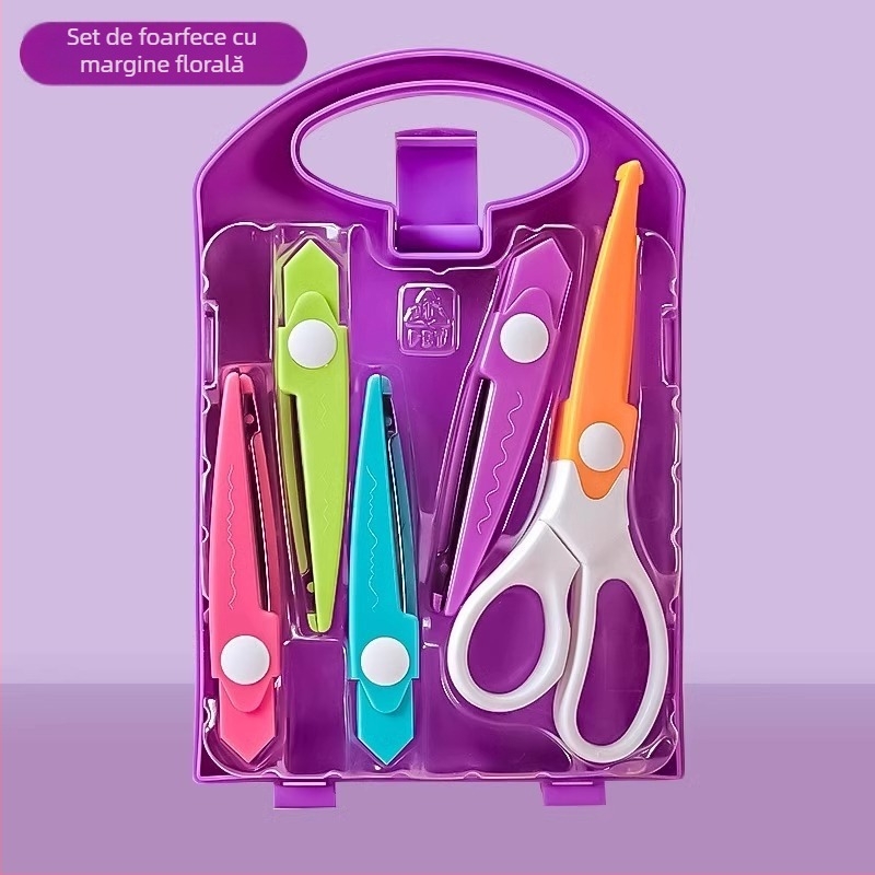 Set DIY embossing pentru copii – dispozitiv de embossing cu economie de efort, kit de imprimare, include foarfece mari de dantelă; Material: plastic; Vârstă recomandată: 7–14 ani