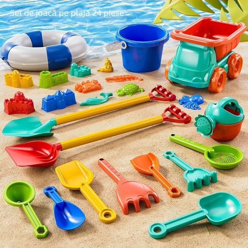 Set de joacă pentru plajă cu mașinuță pentru copii și joc în nisip și zăpadă; plastic, pentru vârsta 4–6 ani, include găleată și lopățică