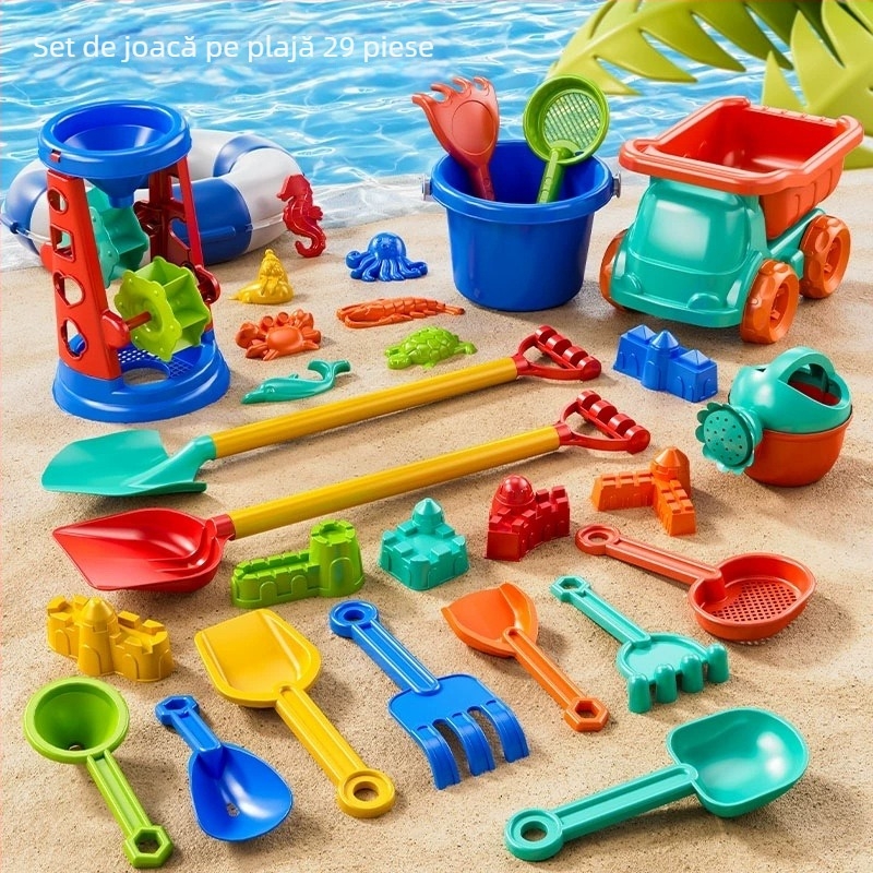 Set de joacă pentru plajă cu mașinuță pentru copii și joc în nisip și zăpadă; plastic, pentru vârsta 4–6 ani, include găleată și lopățică
