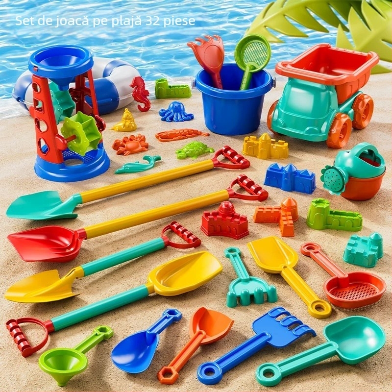 Set de joacă pentru plajă cu mașinuță pentru copii și joc în nisip și zăpadă; plastic, pentru vârsta 4–6 ani, include găleată și lopățică