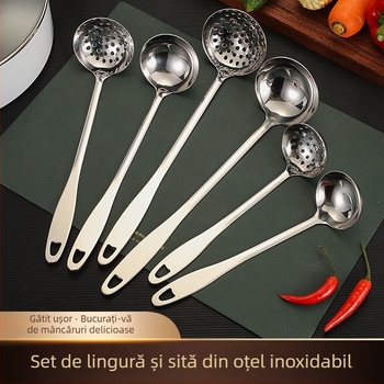 Set lingură de supă și strecurător din oțel inoxidabil – construcție îngroșată, rezistență la temperaturi înalte, mâner și lingură din oțel inoxidabil, imprimare logo, personalizare disponibilă