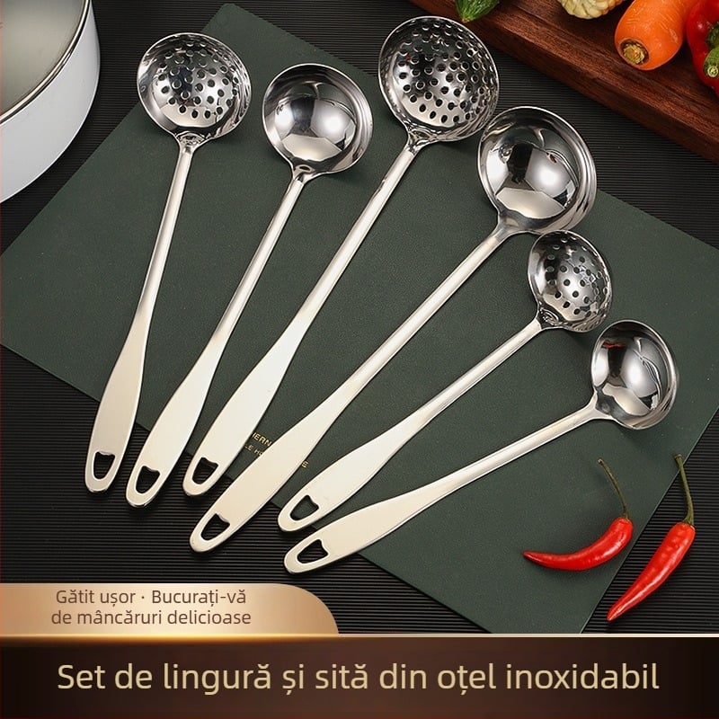 Set lingură de supă și strecurător din oțel inoxidabil – construcție îngroșată, rezistență la temperaturi înalte, mâner și lingură din oțel inoxidabil, imprimare logo, personalizare disponibilă