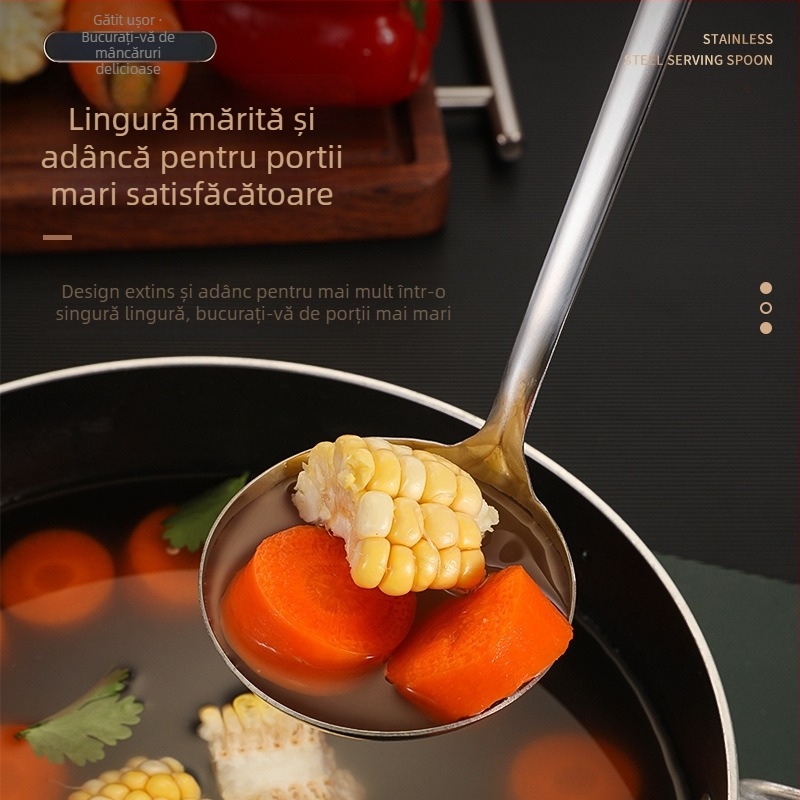 Set lingură de supă și strecurător din oțel inoxidabil – construcție îngroșată, rezistență la temperaturi înalte, mâner și lingură din oțel inoxidabil, imprimare logo, personalizare disponibilă