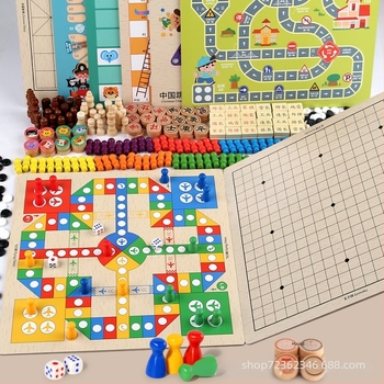 Joc de masă educațional din lemn, 2 în 1 pentru copii: Gomoku și Flying Chess, cu cutie cadou portabil; stimulează dezvoltarea intelectuală și coordonarea mână-ochi.