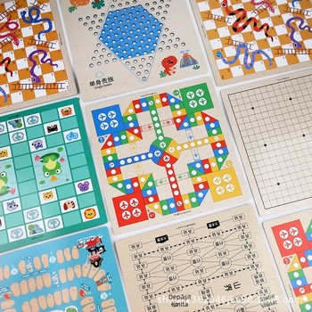 Joc de masă educațional din lemn, 2 în 1 pentru copii: Gomoku și Flying Chess, cu cutie cadou portabil; stimulează dezvoltarea intelectuală și coordonarea mână-ochi.