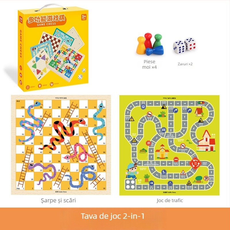 Joc de masă educațional din lemn, 2 în 1 pentru copii: Gomoku și Flying Chess, cu cutie cadou portabil; stimulează dezvoltarea intelectuală și coordonarea mână-ochi.