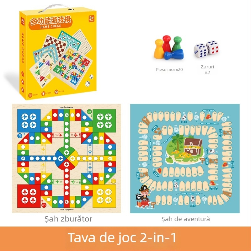 Joc de masă educațional din lemn, 2 în 1 pentru copii: Gomoku și Flying Chess, cu cutie cadou portabil; stimulează dezvoltarea intelectuală și coordonarea mână-ochi.