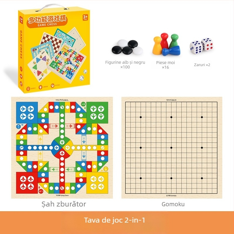 Joc de masă educațional din lemn, 2 în 1 pentru copii: Gomoku și Flying Chess, cu cutie cadou portabil; stimulează dezvoltarea intelectuală și coordonarea mână-ochi.