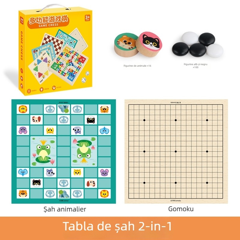 Joc de masă educațional din lemn, 2 în 1 pentru copii: Gomoku și Flying Chess, cu cutie cadou portabil; stimulează dezvoltarea intelectuală și coordonarea mână-ochi.