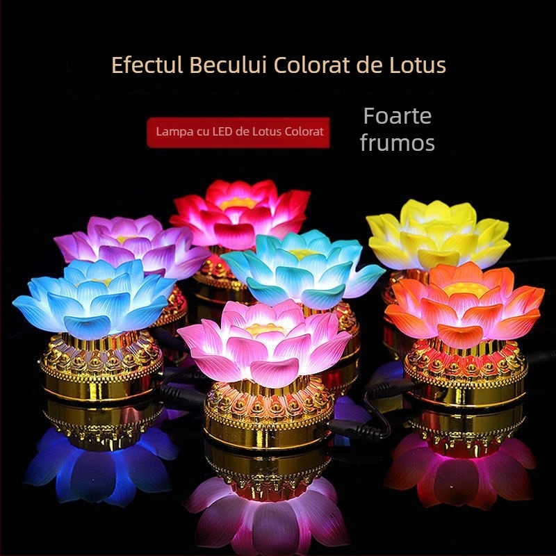 Lumină lotus pentru închinare la Buddha, rășină; execuție semi-manuală și semi-mecanică; categorie: lampă lotus; uz religios; ambalaj: carton