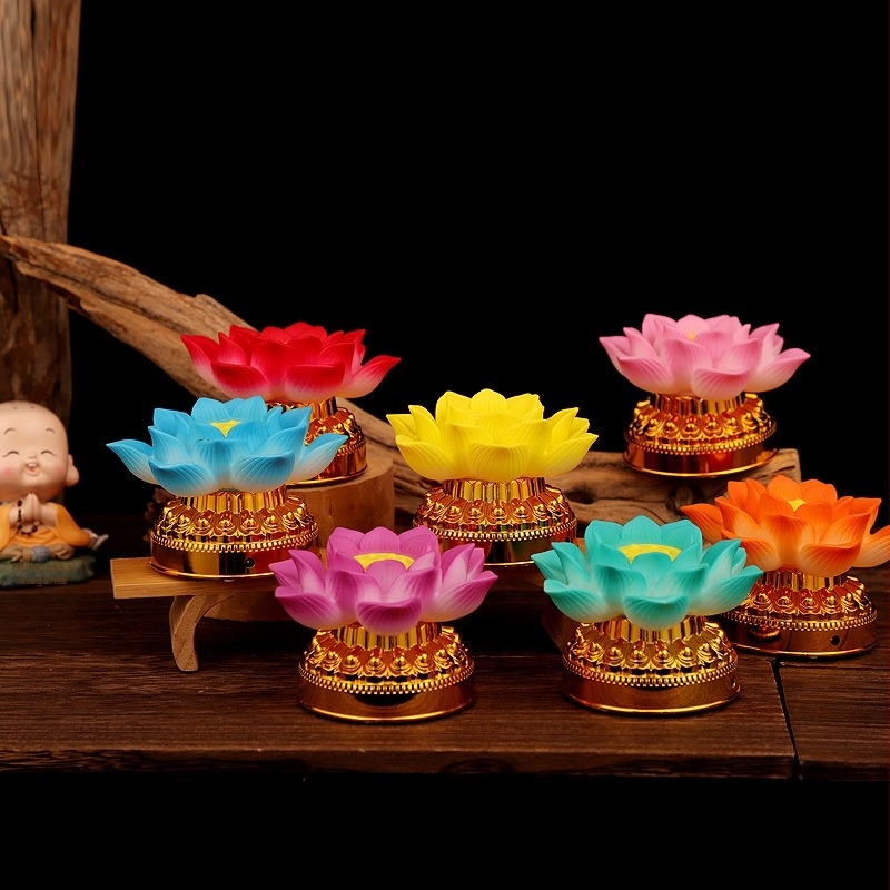 Lumină lotus pentru închinare la Buddha, rășină; execuție semi-manuală și semi-mecanică; categorie: lampă lotus; uz religios; ambalaj: carton