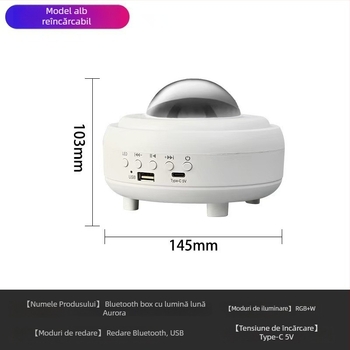 Lampă de lună cu proiector stelat, alimentare USB, difuzor Bluetooth, lumină ambientală LED, pentru masă