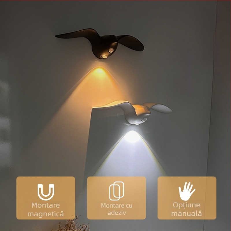 Lampă de noapte LED cu senzor de mișcare, design pescăruș, utilizare interioară/exterioară, baterie încorporată