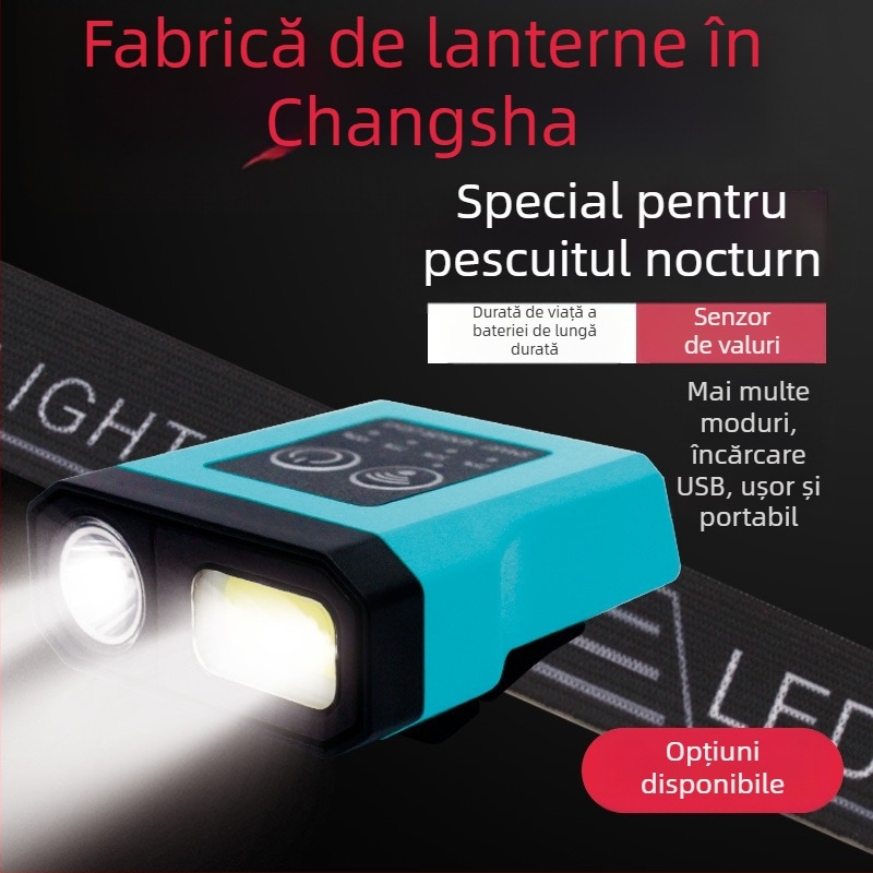 Lampă frontală pentru pescuit de noapte - LED reîncărcabil, întrerupător de inducție, corp din plastic, rază de până la 200–500 m