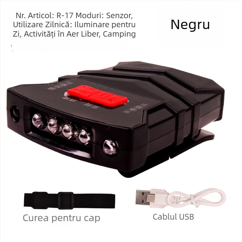 Lampă frontală pentru pescuit de noapte - LED reîncărcabil, întrerupător de inducție, corp din plastic, rază de până la 200–500 m