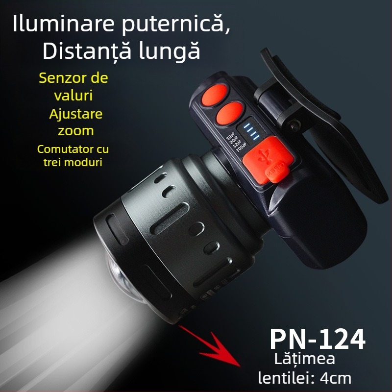 Lampă frontală pentru pescuit de noapte - LED reîncărcabil, întrerupător de inducție, corp din plastic, rază de până la 200–500 m