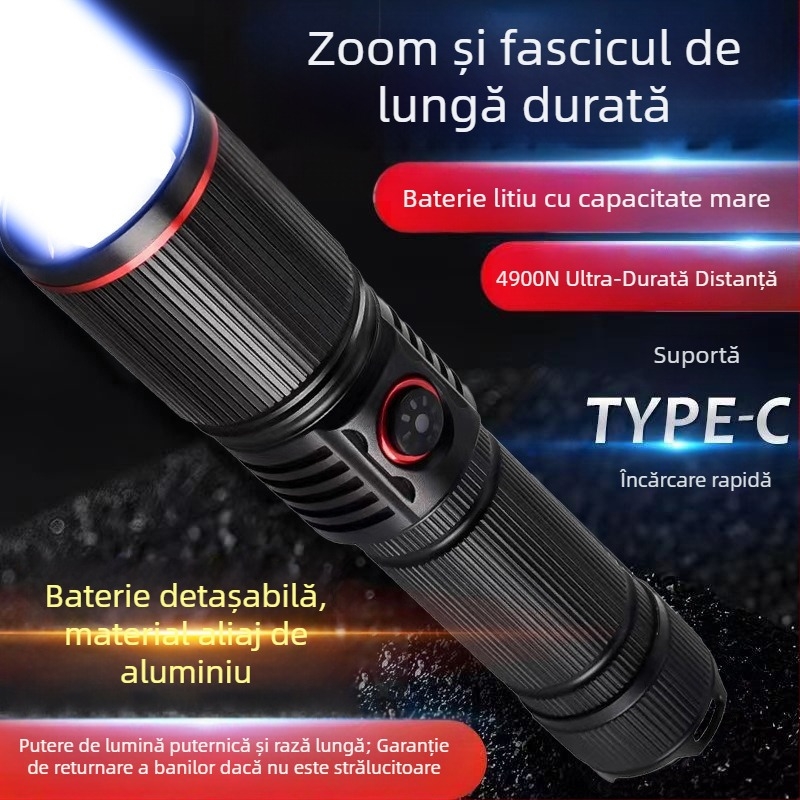 Lanternă de mână cu corp din aliaj de aluminiu, model G25-0921, rază de 50–100 m, impermeabil