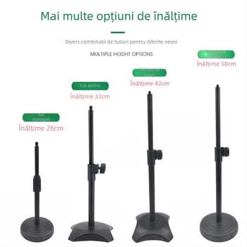 Suport de birou pentru telefon și microfon cu iluminare reglabilă pentru streaming live, bază circulară, structură din țeavă metalică.