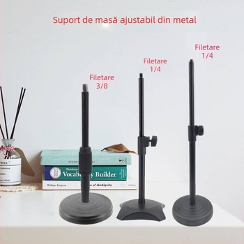 Suport de birou pentru telefon și microfon cu iluminare reglabilă pentru streaming live, bază circulară, structură din țeavă metalică.