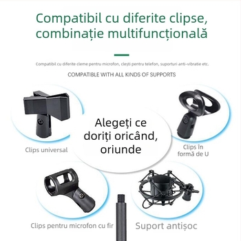 Suport de birou pentru telefon și microfon cu iluminare reglabilă pentru streaming live, bază circulară, structură din țeavă metalică.