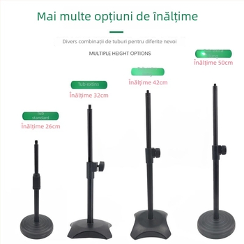 Suport de birou pentru telefon și microfon cu iluminare reglabilă pentru streaming live, bază circulară, structură din țeavă metalică.