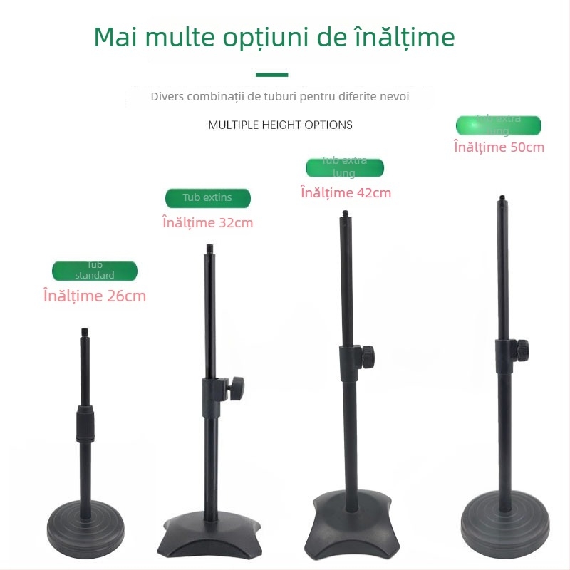 Suport de birou pentru telefon și microfon cu iluminare reglabilă pentru streaming live, bază circulară, structură din țeavă metalică.