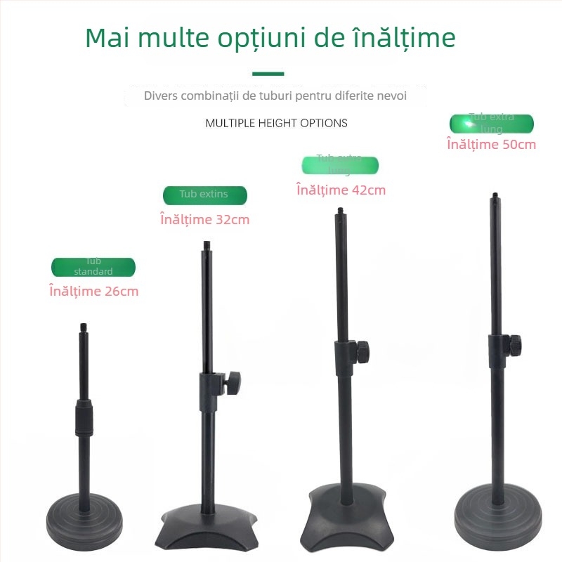 Suport de birou pentru telefon și microfon cu iluminare reglabilă pentru streaming live, bază circulară, structură din țeavă metalică.