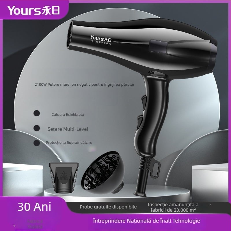 Uscător de păr pentru uz casnic - motor AC cu perii 1700W, ioni negativi și îngrijire cu temperatură constantă, aer rece/caldu, 220V