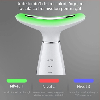 Instrument de înfrumusețare pentru gât cu masaj facial, ridicare și încălzire; terapie cu ultrasunete și lumină color; terapie cu ioni negativ/pozitiv; baterie încorporată 500–800 mAh