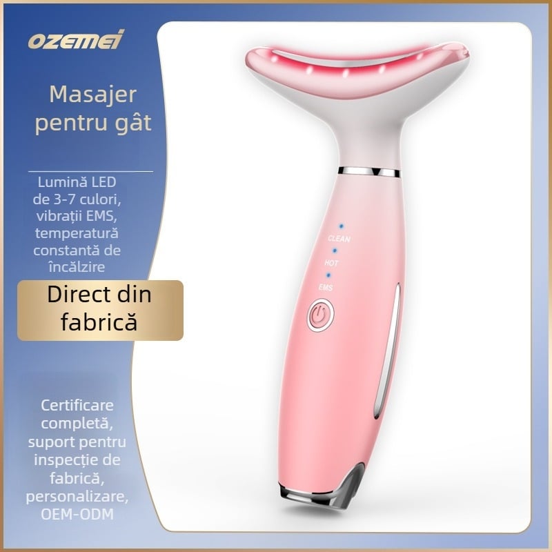 Instrument de înfrumusețare pentru gât cu masaj facial, ridicare și încălzire; terapie cu ultrasunete și lumină color; terapie cu ioni negativ/pozitiv; baterie încorporată 500–800 mAh