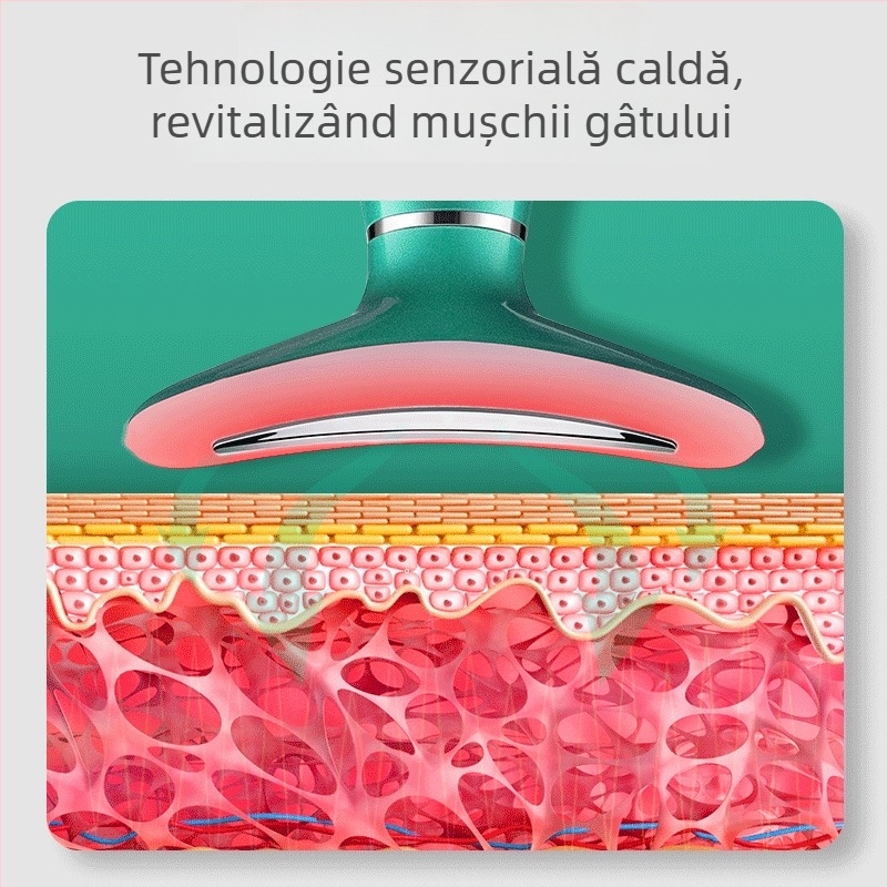 Instrument de înfrumusețare pentru gât cu masaj facial, ridicare și încălzire; terapie cu ultrasunete și lumină color; terapie cu ioni negativ/pozitiv; baterie încorporată 500–800 mAh