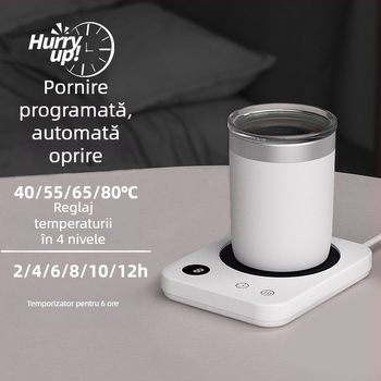 Suport încălzitor pentru cană cu 4 niveluri de temperatură până la 80°C, control tactil, alimentare AC, oprire automată