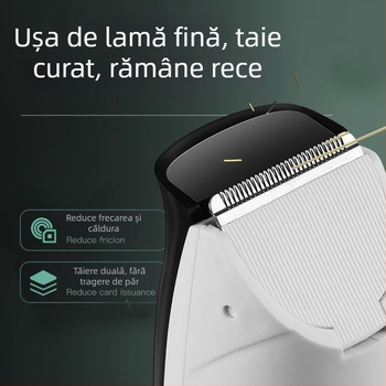 Mașină de tuns păr cu motor fără perii, lamă din titan, baterie încorporată 1200–2000 mAh, funcționare silențioasă sub 36 dB, cap de tuns demontabil și lavabil