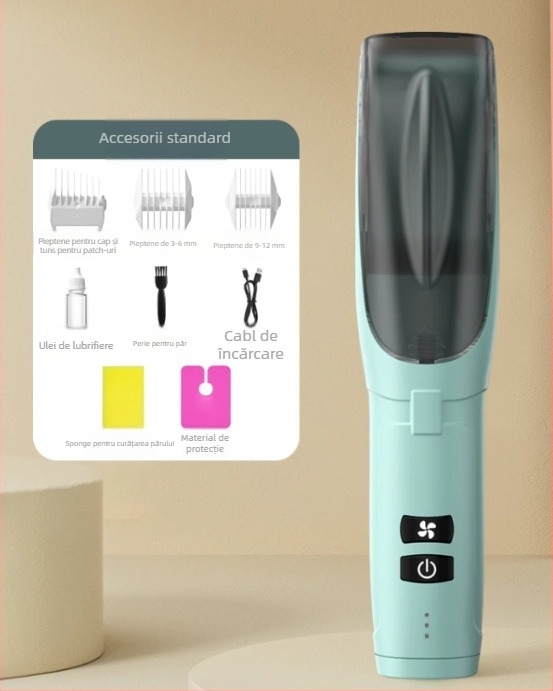 Mașină de tuns păr cu motor fără perii, lamă din titan, baterie încorporată 1200–2000 mAh, funcționare silențioasă sub 36 dB, cap de tuns demontabil și lavabil