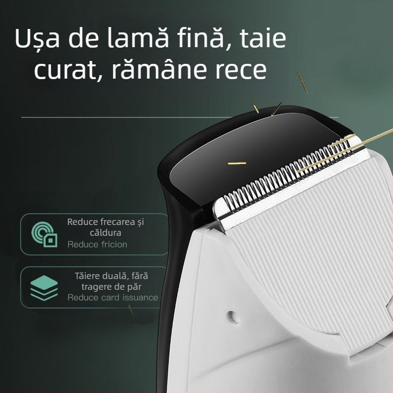 Mașină de tuns păr cu motor fără perii, lamă din titan, baterie încorporată 1200–2000 mAh, funcționare silențioasă sub 36 dB, cap de tuns demontabil și lavabil