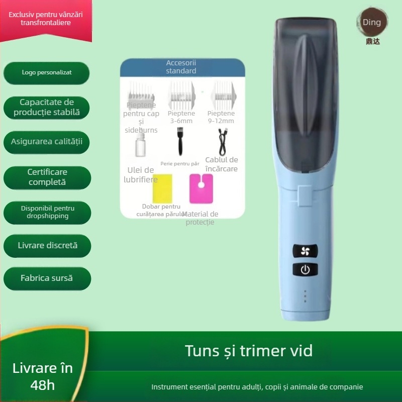 Mașină de tuns păr cu motor fără perii, lamă din titan, baterie încorporată 1200–2000 mAh, funcționare silențioasă sub 36 dB, cap de tuns demontabil și lavabil