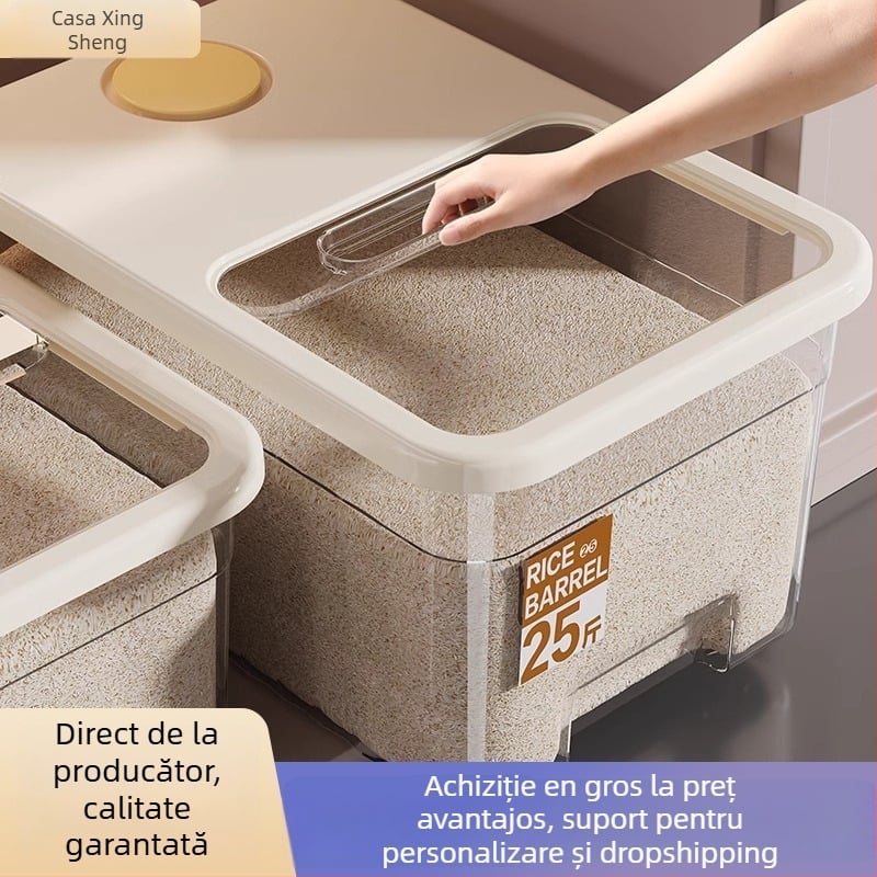 Cutie pentru depozitarea orezului cu design sigilat, rezistent la umiditate și insecte; capacitate de 10 l; fabricată din plastic PP; marca Star Saint; imprimare logo disponibilă; înregistrare a datei
