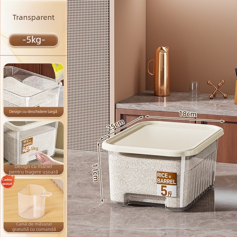 Cutie pentru depozitarea orezului cu design sigilat, rezistent la umiditate și insecte; capacitate de 10 l; fabricată din plastic PP; marca Star Saint; imprimare logo disponibilă; înregistrare a datei