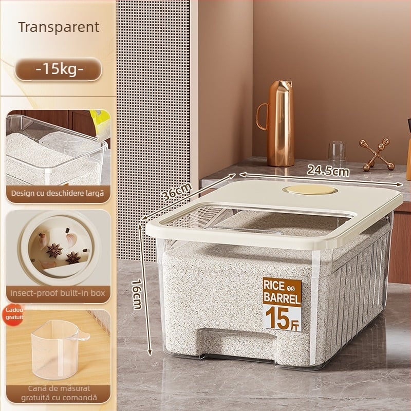 Cutie pentru depozitarea orezului cu design sigilat, rezistent la umiditate și insecte; capacitate de 10 l; fabricată din plastic PP; marca Star Saint; imprimare logo disponibilă; înregistrare a datei