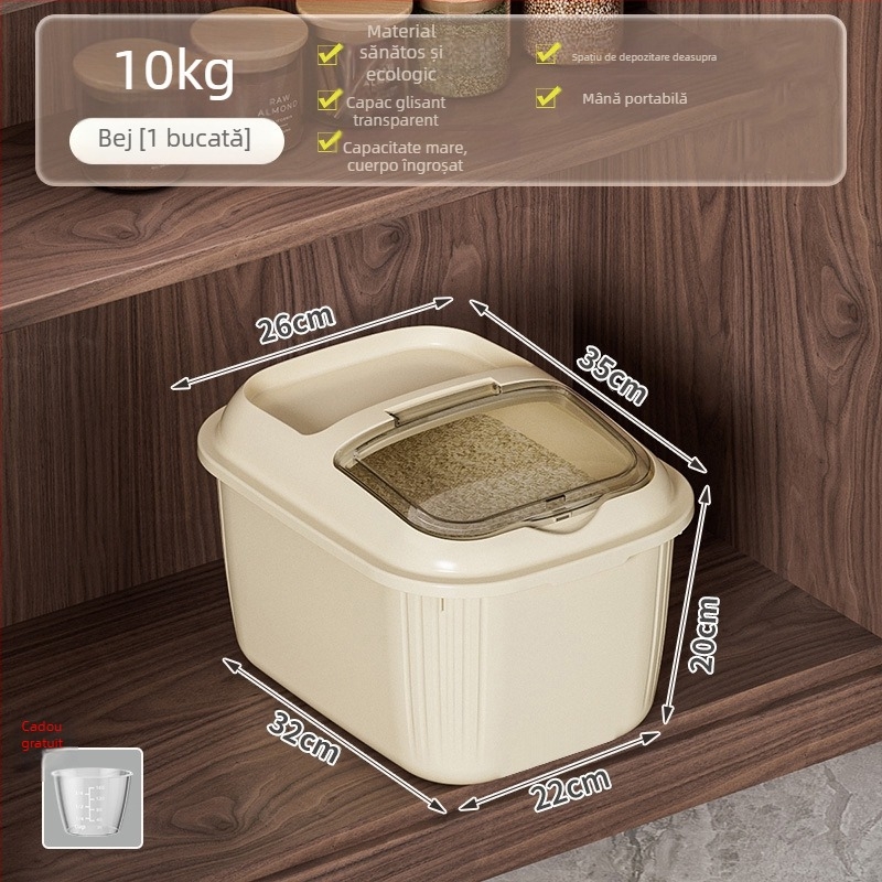 Cutie de depozitare pentru orez cu capac basculant, rezistentă la umezeală și insecte, material PP, capacitate peste 10 L, personalizare logo