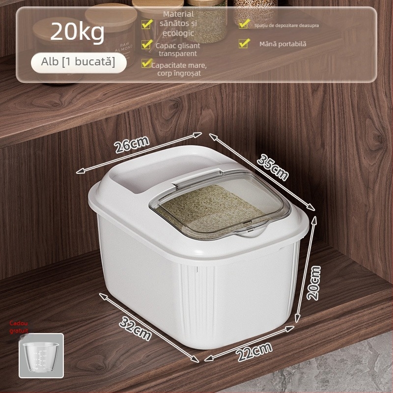 Cutie de depozitare pentru orez cu capac basculant, rezistentă la umezeală și insecte, material PP, capacitate peste 10 L, personalizare logo