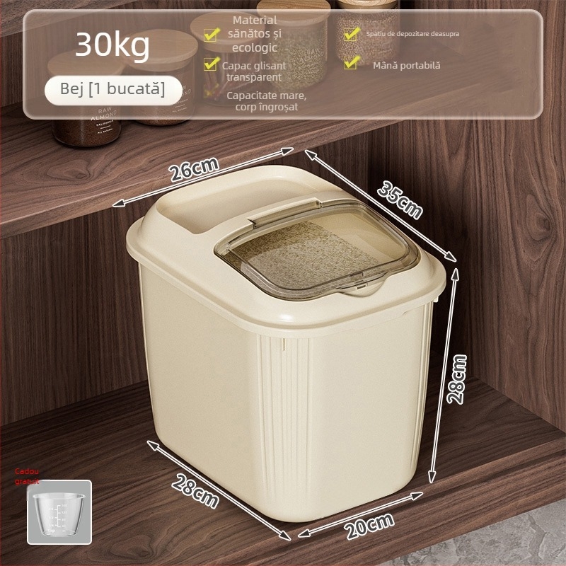 Cutie de depozitare pentru orez cu capac basculant, rezistentă la umezeală și insecte, material PP, capacitate peste 10 L, personalizare logo