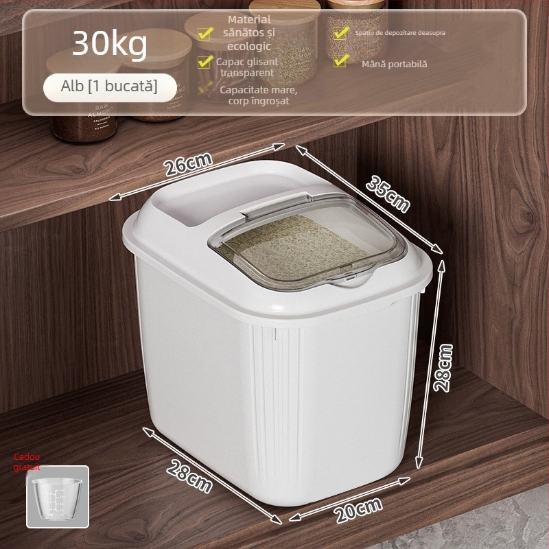 Cutie de depozitare pentru orez cu capac basculant, rezistentă la umezeală și insecte, material PP, capacitate peste 10 L, personalizare logo